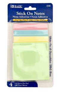 BAZIC STICKY NOTES 3X3 50ct 4pk