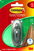 Command 17051BN-B Decorative Hook, 3 lb Weight Capacity, Plastic, Brushed