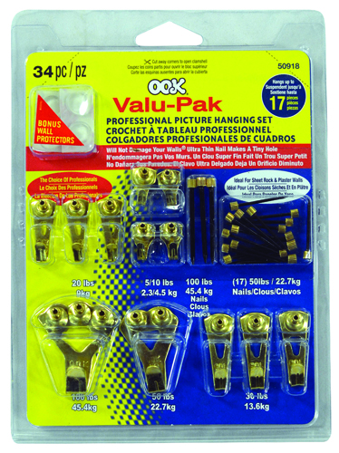 OOK 50918 Picture Hanging Kit, 5 to 100 lb Weight Capacity, Steel, Brass