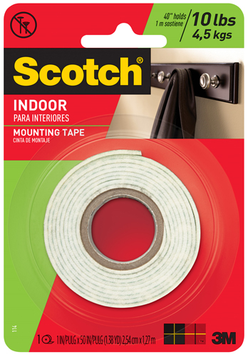 Scotch 114 Heavy-Duty Mounting Tape, 50 in L, 1 in W, White