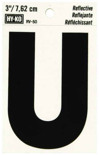 HY-KO RV-50/U Reflective Letter, Character U, 3 in H Character, Black