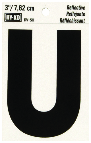 HY-KO RV-50/U Reflective Letter, Character U, 3 in H Character, Black
