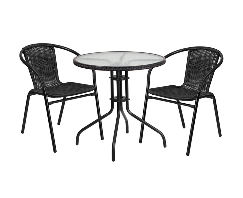 28"RND GLASS TABLE 2CHAIRS BLK