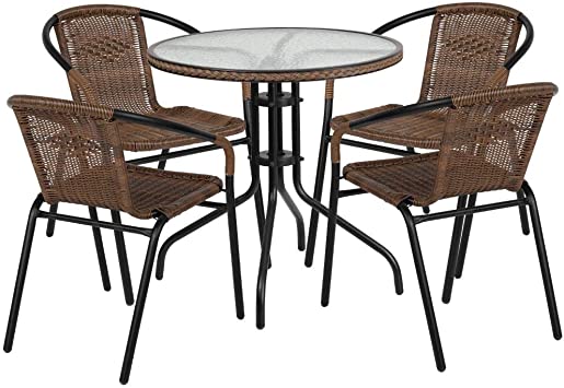 28"RND GLASS TABLE 4CHAIRS BROWN