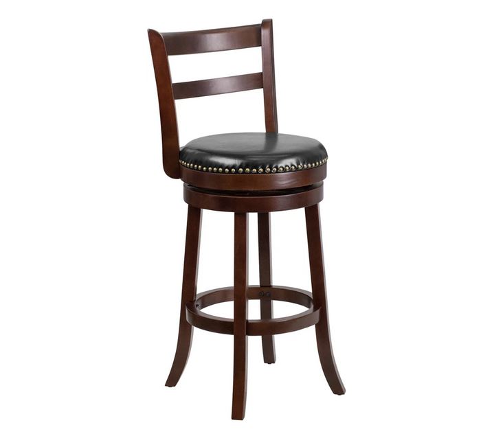 30" HIGH CAPPUCCINO WOOD BARSTOOL WITH BLACK LEATHER SWIVEL SEAT