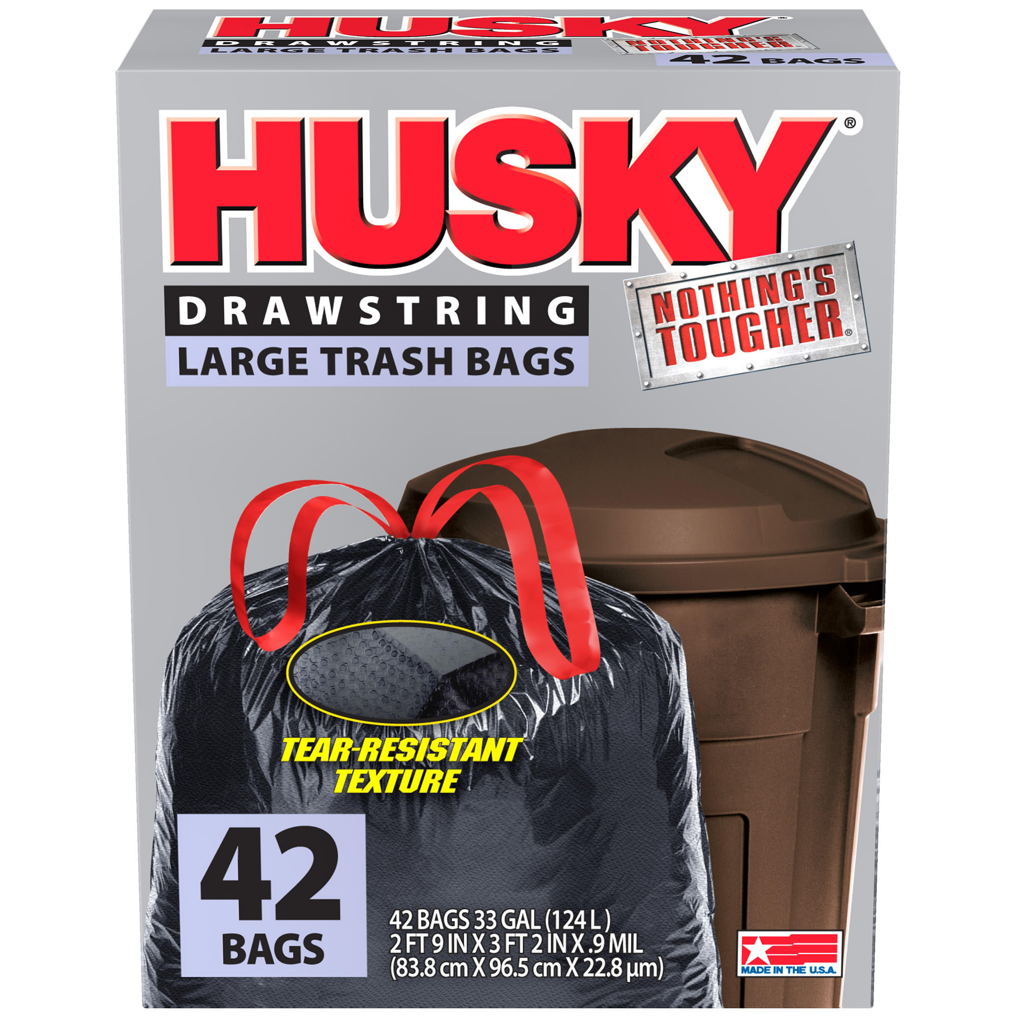 HUSKY HK33DS042B Trash Bag, 33 gal Capacity, Drawstring Closure, Poly, Black
