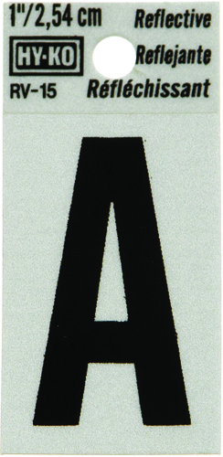 HY-KO RV-15/A Reflective Letter, Character A, 1 in H Character, Black