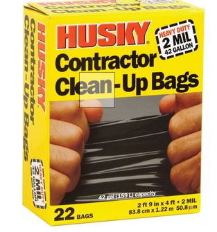 HUSKY HK42WC022B Contractor Clean-Up Bag, 42 gal Capacity, Poly, Black