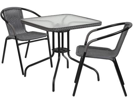 28" SQU GLASS TABLE/2CHAIRS GRAY