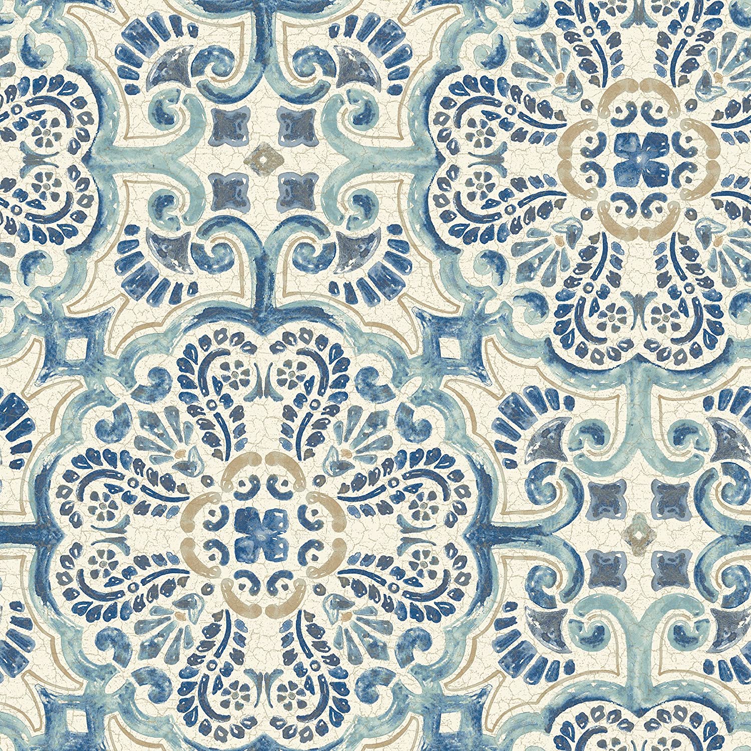 NuWallpaper NU2235 Blue Florentine Tile Peel and Stick Wallpaper 