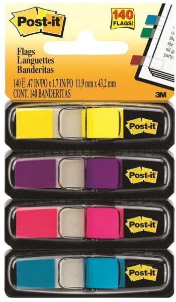 Post-it 683-4AB Flags, 1.7 in L, 0.47 in W, Blue/Pink/Purple/Yellow