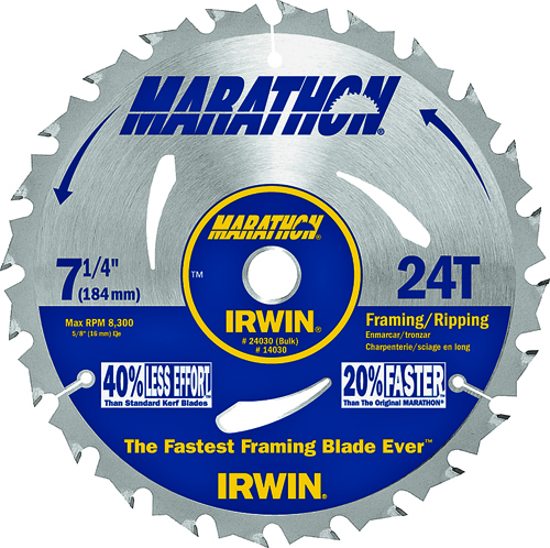 IRWIN MARATHON 24030 Circular Saw Blade, 7-1/4 in Dia, Carbide Cutting Edge,