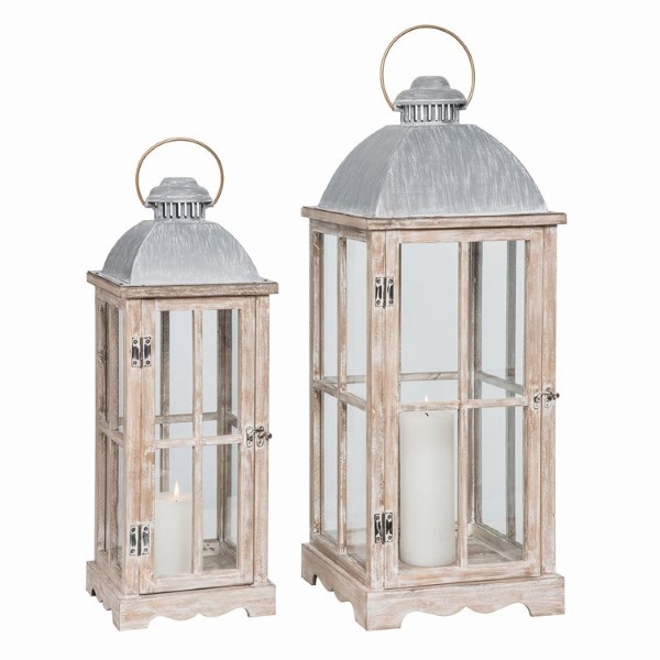 WOOD/GLASS WHITEWASH LANTERN 2P