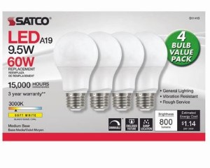 Satco 9.5 Watt 3000K A19 Dimmable LED Bulb | Soft White | 4 Pack