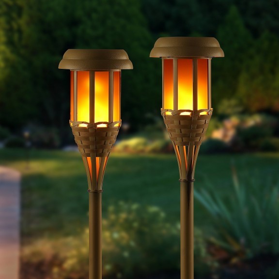 Auraglow Solar Bamboo LED Tiki Torch Garden Light - TWIN PACK