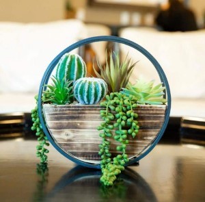 Artificial Round Wood and Metal Wall Faux Succulents Mix 11 Inch