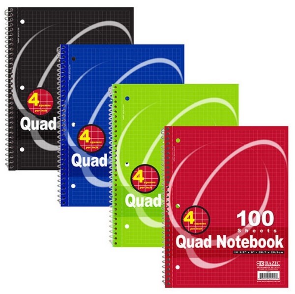 Bazic Quad-ruled Spiral Notebook 100 Count - Assorted