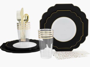 56 Pc Colored Scalloped Black/Gold Plastic Party Set