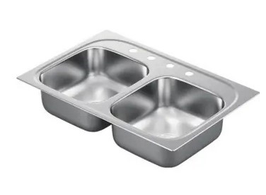 Moen 33 x 22" Double Bowl Stainless Steel Kitchen Sink 4" Hole 8" Depth