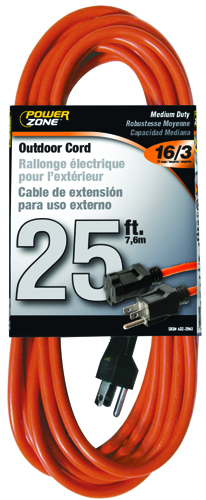 PowerZone Sjtw Round Medium Duty Extension Cord, 16/3, 25 Ft, Double