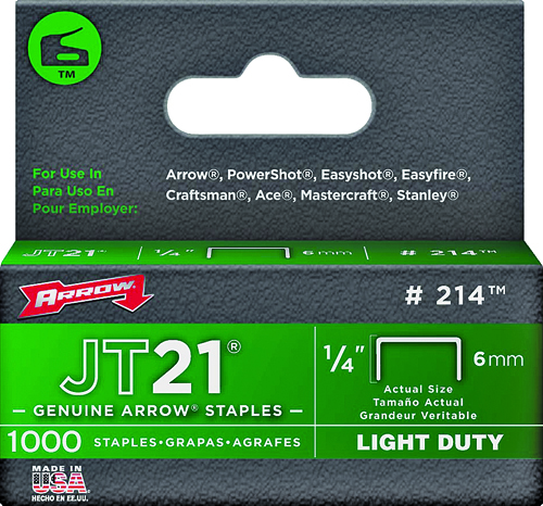 Arrow JT21 Series 214 Flat Crown Staple, 1/4 in L Leg, 0.03ga ga, Pack