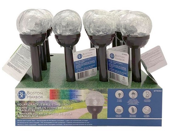 BOSTON HARBOR SOLAR CRAKCLE BALL STAKE LIGHTS; STAINLESS STEEL GLASS