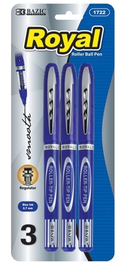 BAZIC Royal Blue Rollerball Pen, 3 Pack