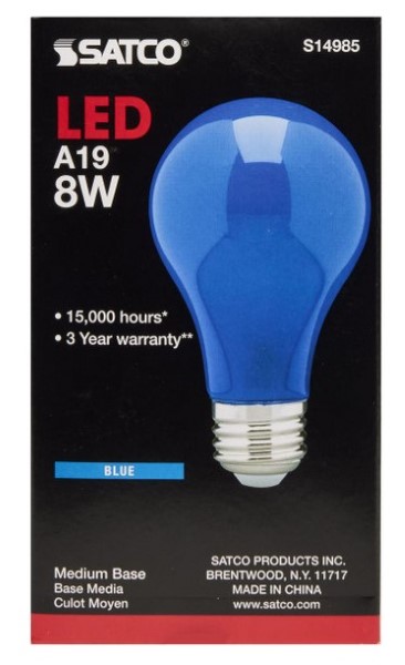 Satco s14985 LED Light Bulb | A19 | 8W | Blue Finish