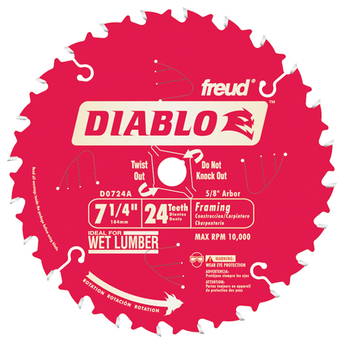 Diablo D0724A Circular Saw Blade, 7-1/4 in Dia, Carbide Cutting Edge, 5/8 in