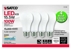 Satco 15.5 Watt 5000K A19 Dimmable LED Bulb | Natural Light | 4 Pack